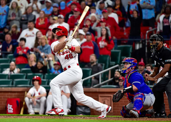St. Louis Cardinals first baseman Paul Goldschmidt (46) hits a walk-off grand slam against the Toronto Blue Jays during the tenth inning at Busch Stadium.